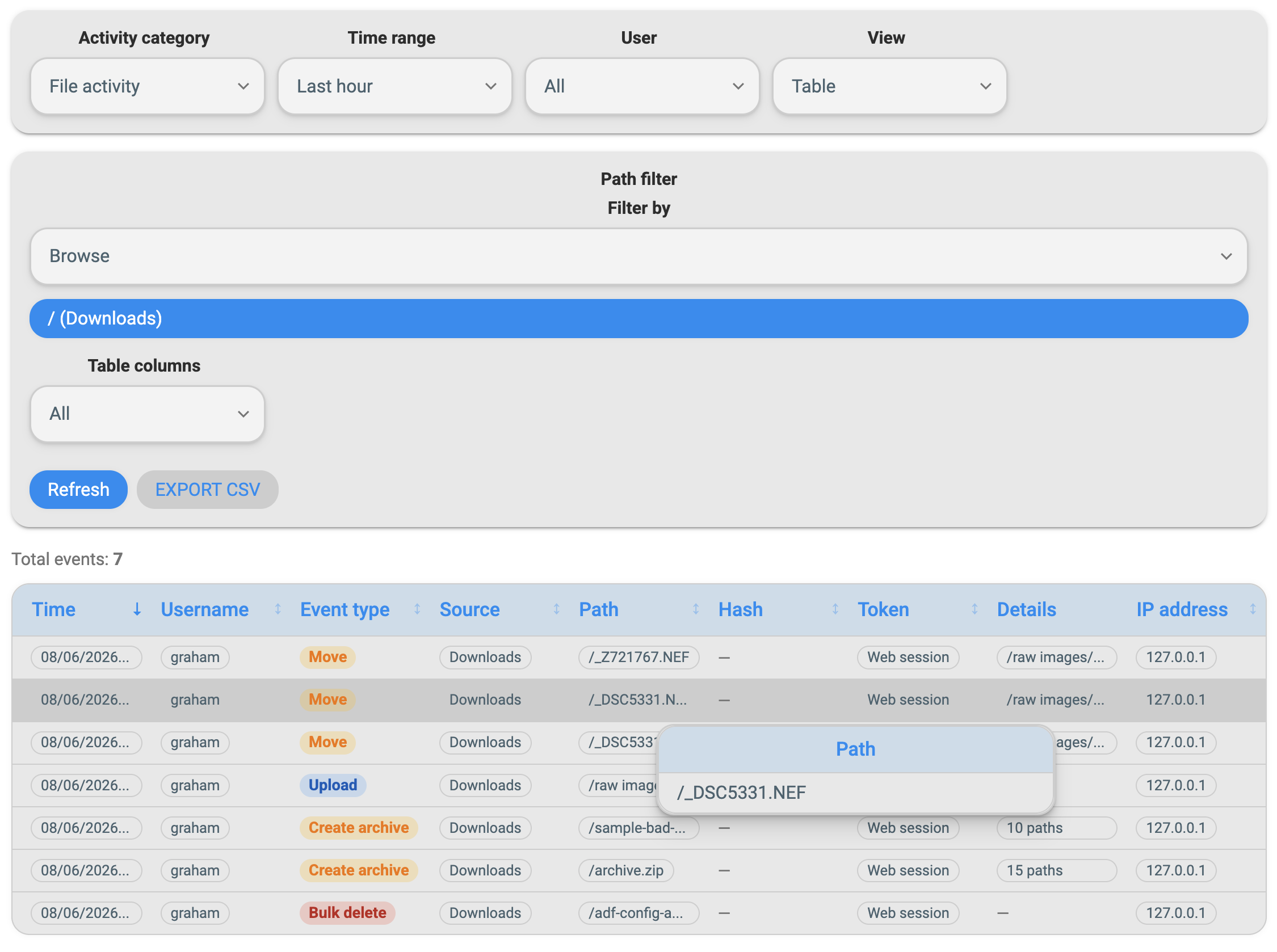 Activity Viewer table view with filters