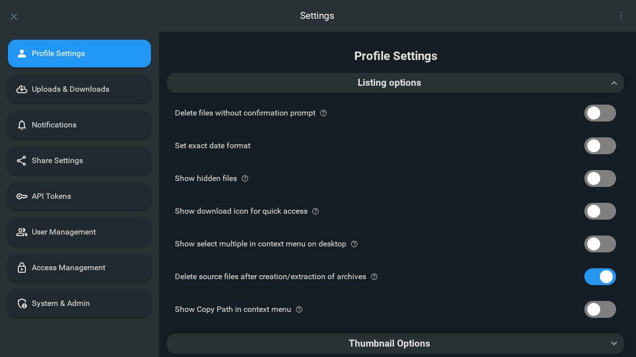 Profile settings showing Listing options toggles