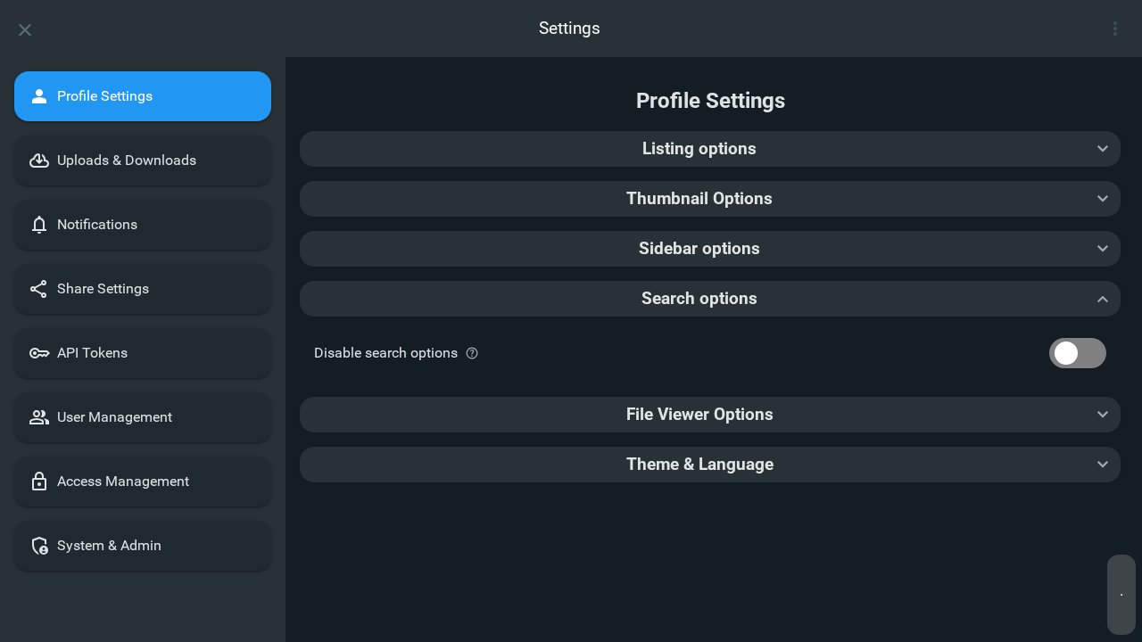 Profile settings showing Search options