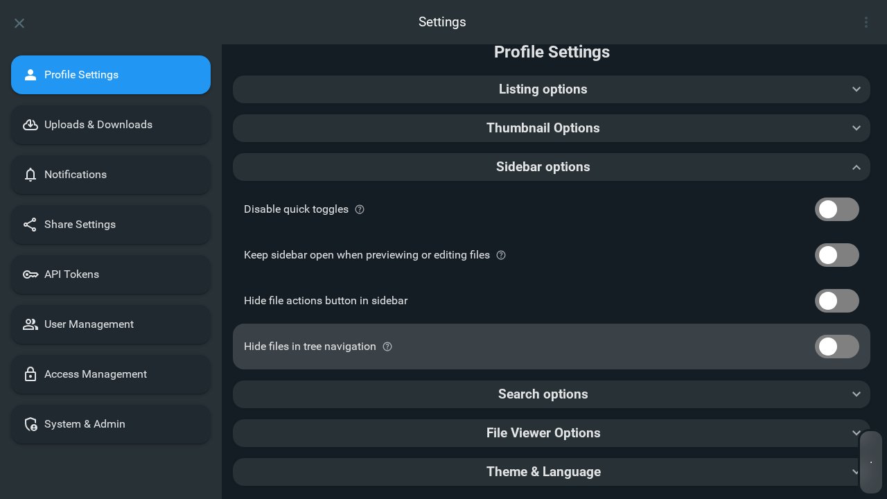 Profile settings showing Sidebar options toggles